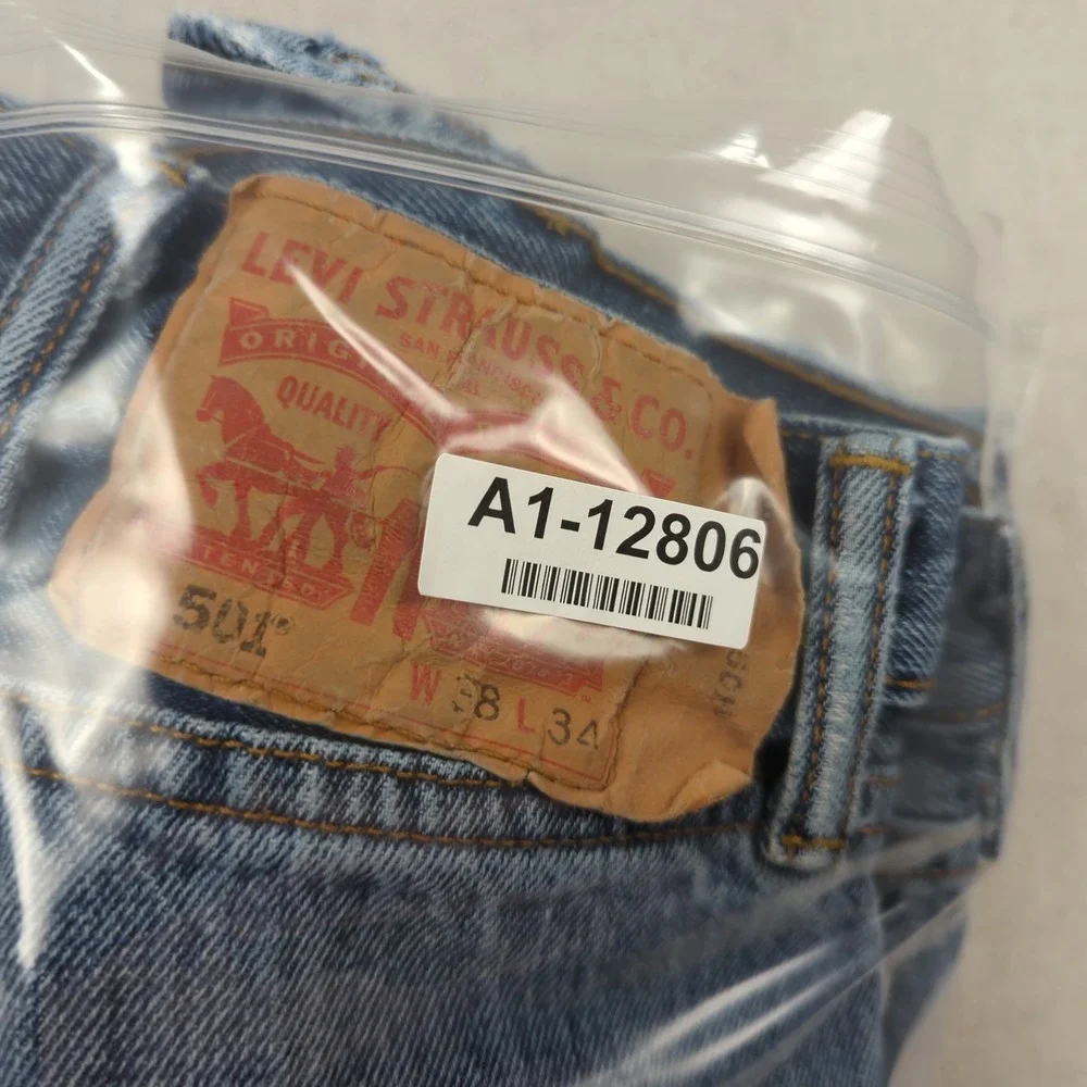Levis Jeans Mens 38x34 Blue 501 Button Fly Classic American Distressed